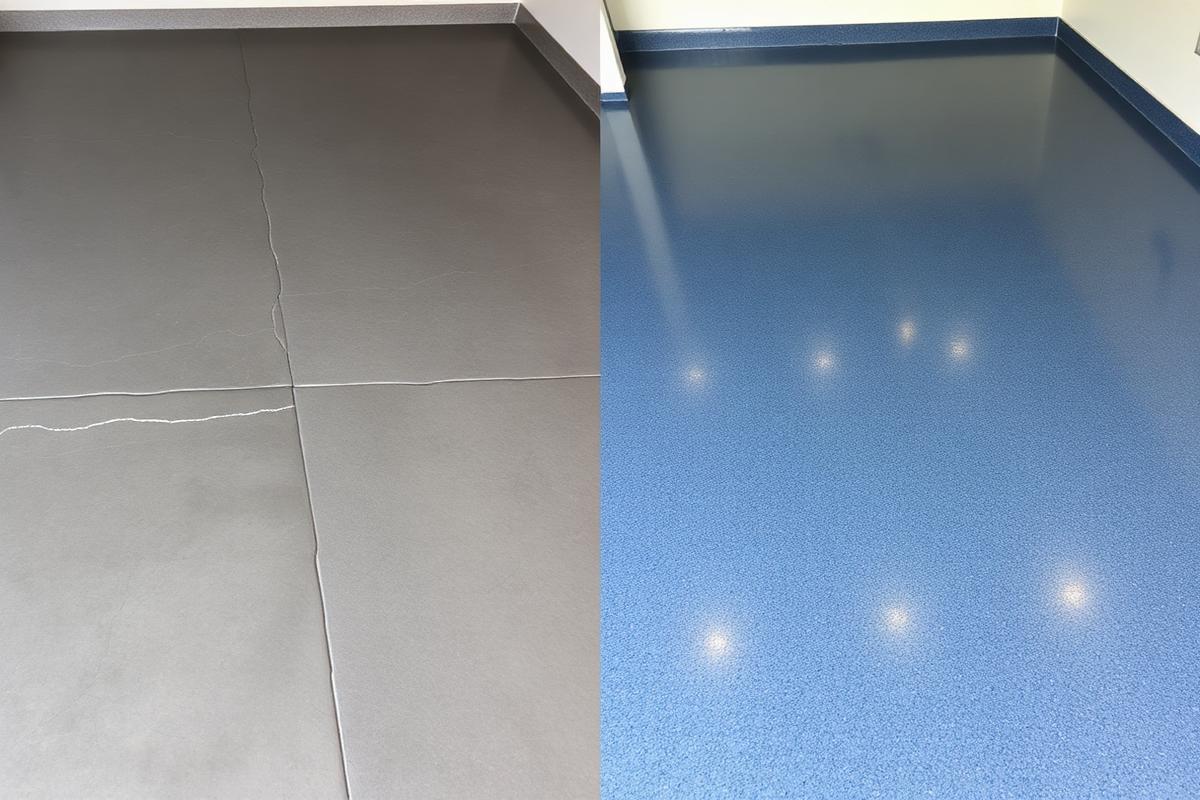 Garage floor before coating with cracked concrete next to the finished flake floor