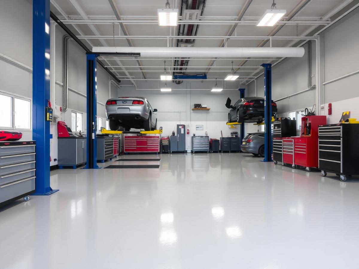 Auto service bay with a light gray high-gloss epoxy floor