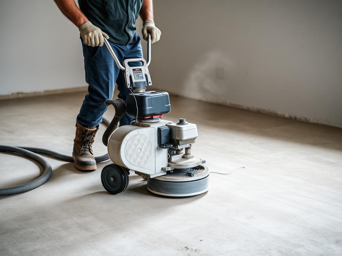 Installer grinding a concrete garage slab to prepare it for coating