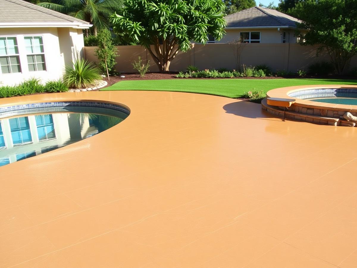 Backyard pool deck finished with a textured slip-resistant concrete coating
