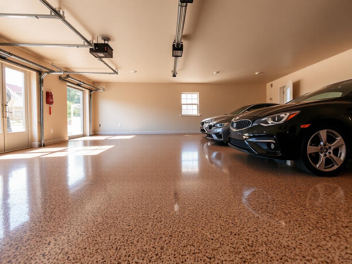 Three-car garage finished with a tan flake polyaspartic floor coating